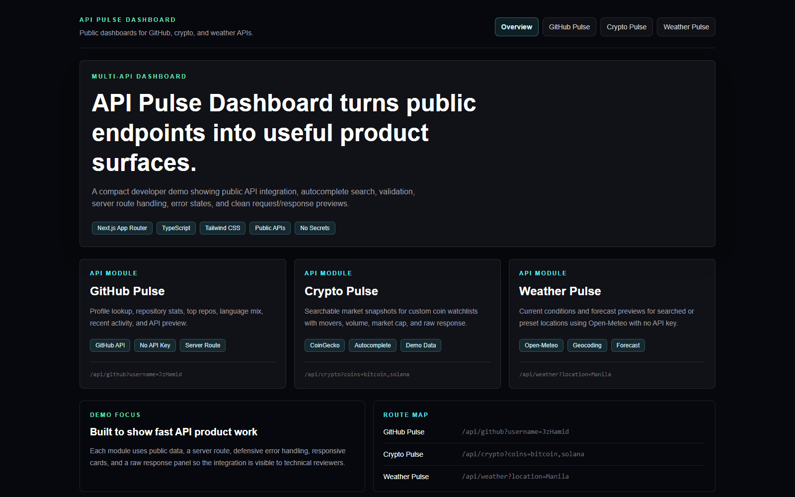 API Pulse Dashboard showing its GitHub, crypto, and weather API modules