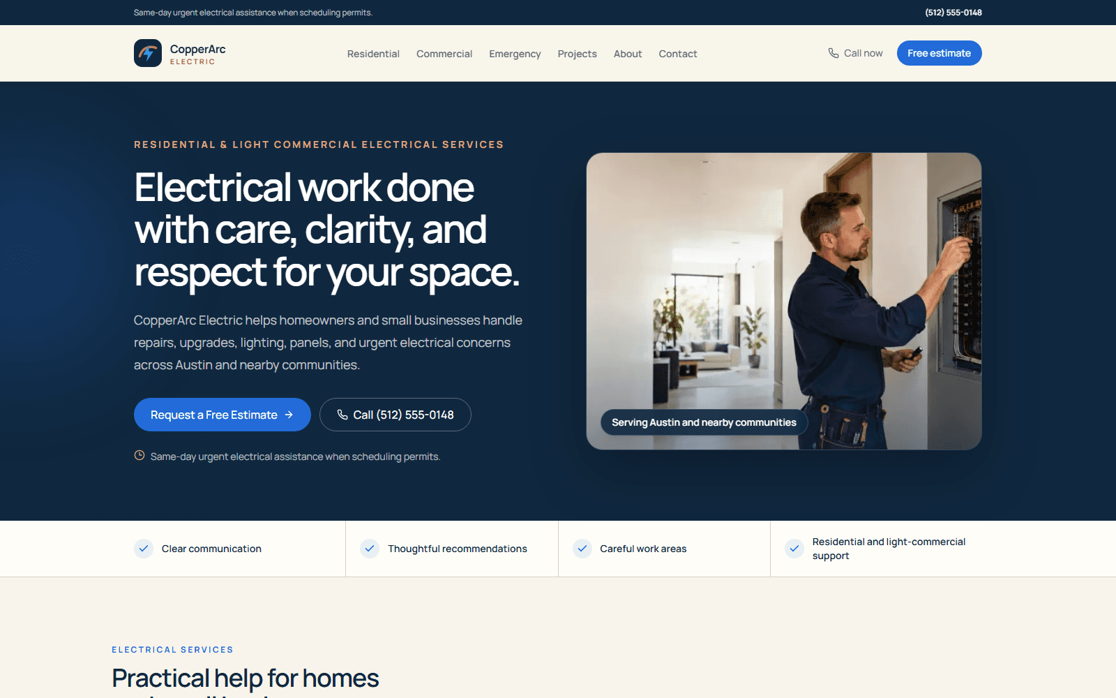 CopperArc Electric responsive service business website homepage