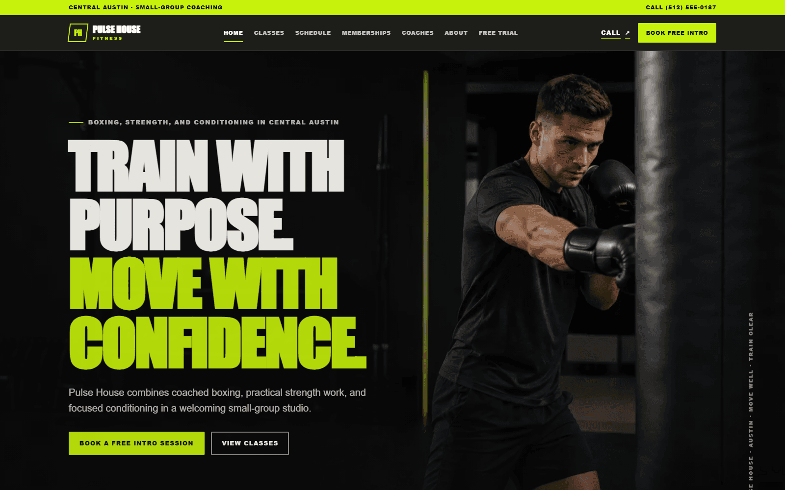 Pulse House Fitness website homepage with boxing studio branding